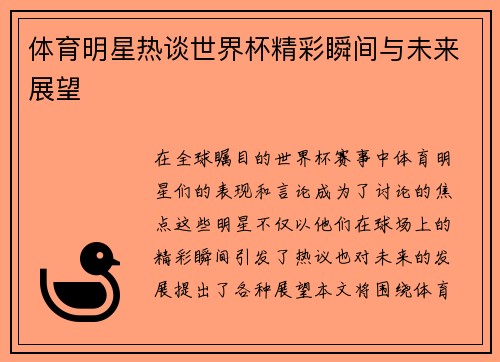 体育明星热谈世界杯精彩瞬间与未来展望