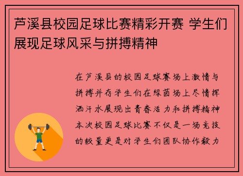 芦溪县校园足球比赛精彩开赛 学生们展现足球风采与拼搏精神
